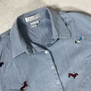 Casey Coleman Chambray Shirt XL Dog Print Button Down Cotton Blue Women